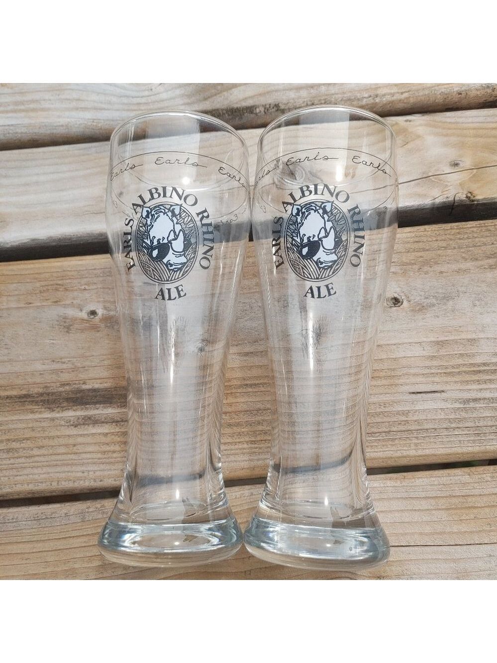 Earl's Albino Rhino Ale Glasses PAIR Beer Glasses 14 oz.